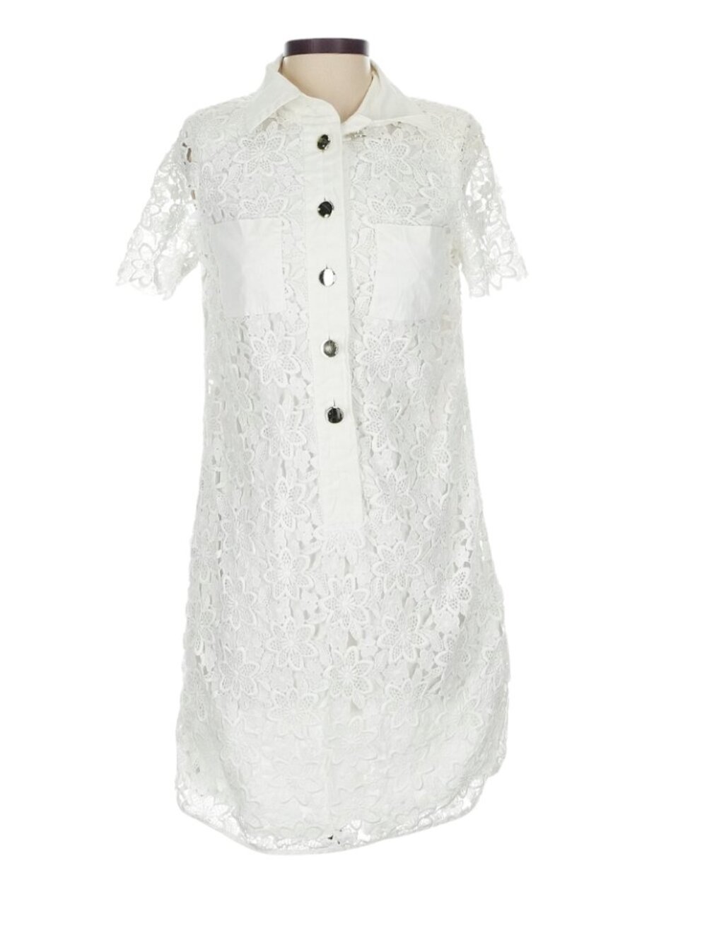 ESCADA White Lace Collared Shirt Dress with Gold Buttons. Size XS